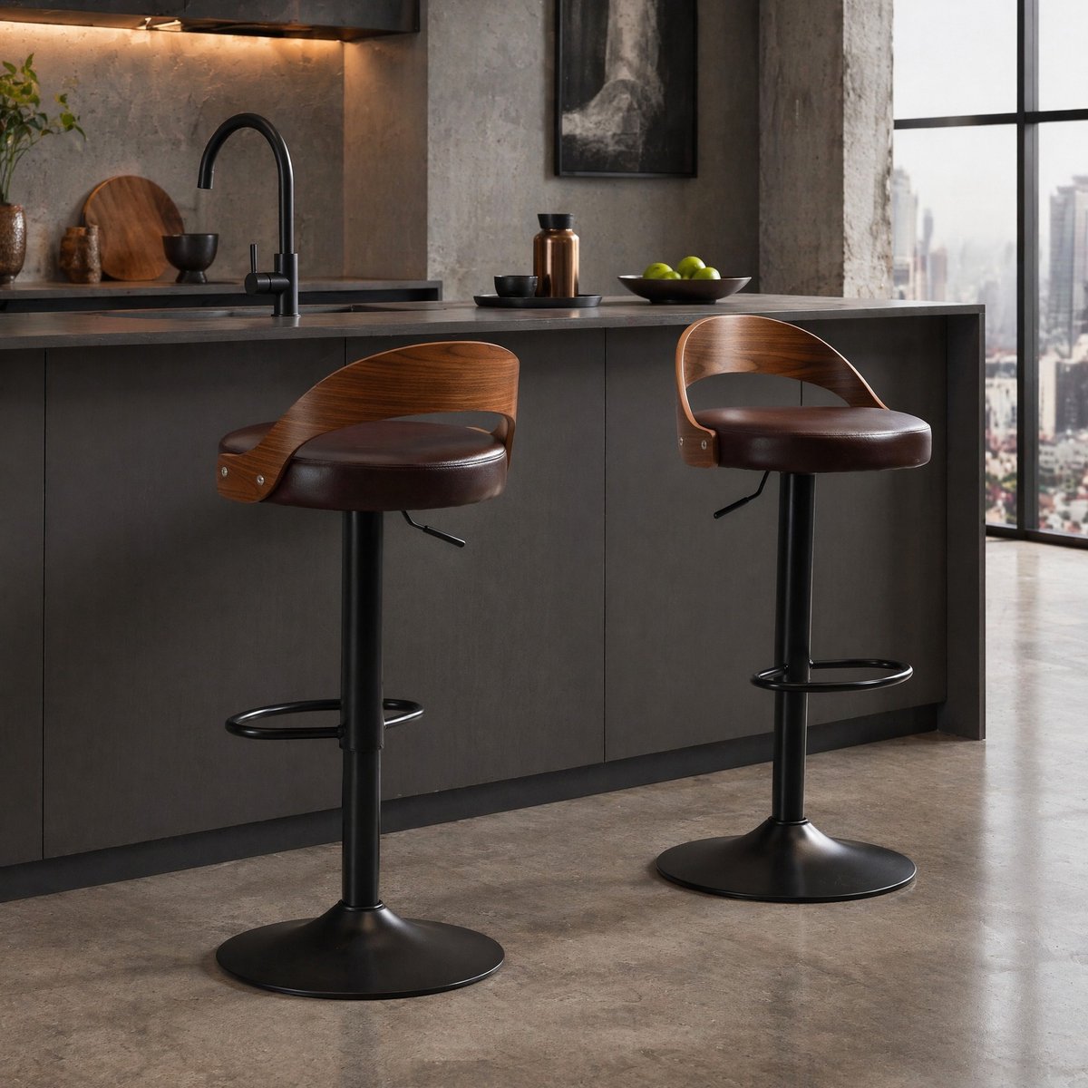 MEUNIQ barkruk set van 2 360° draaibaar en hoogte verstelbaar met rugleuning, kunstleren zitting, voetsteun en metalen onderstel voor keuken, bar of eetruimte bruin