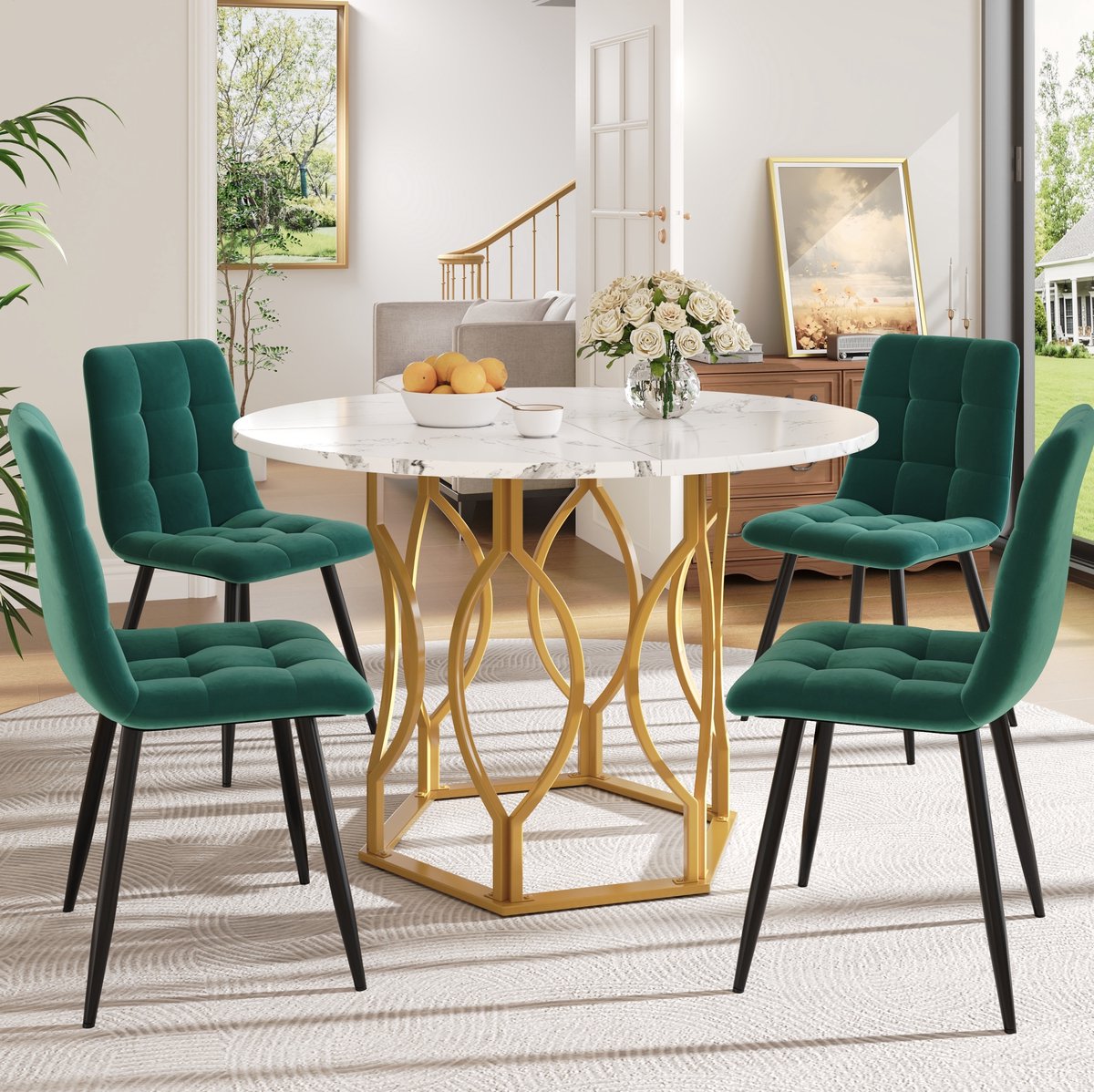 MEUNIQ 5-delige eetkamerset - ronde eettafel 100 cm met 4 stoelen, wit MDF tafelblad met marmereffect, gouden metalen poten en groene fluwelen stoelen