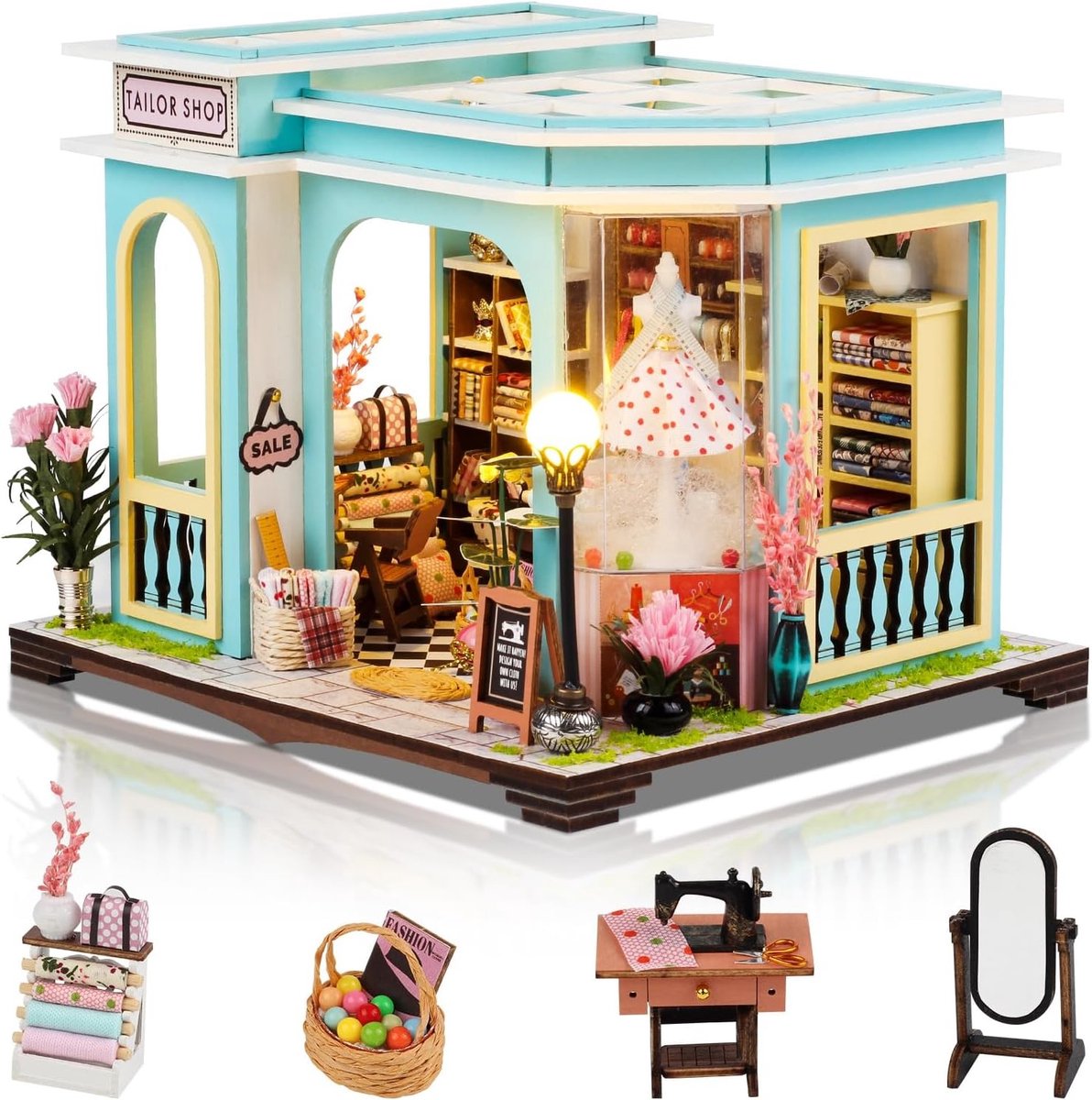 Miniatuur Huis Set met LED Verlichting, Bouwset voor Volwassenen, Perfect voor Kerstdecoratie en Cadeaus, Schattige Naaishop voor Creatieve Projecten