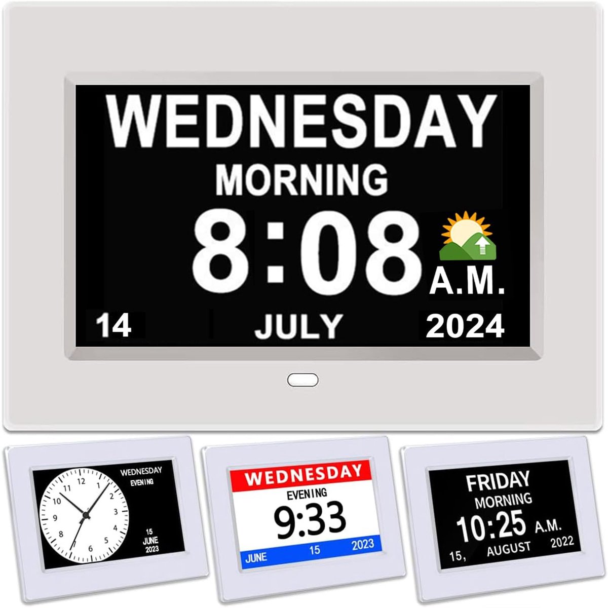 SnelShoppen - Digitale Wekker met Datum en Kalender - 7 Inch Dagklok, Fotolijst, Automatisch Dimbaar Display, 15 Alarmopties, Wit - Perfect voor Thuis