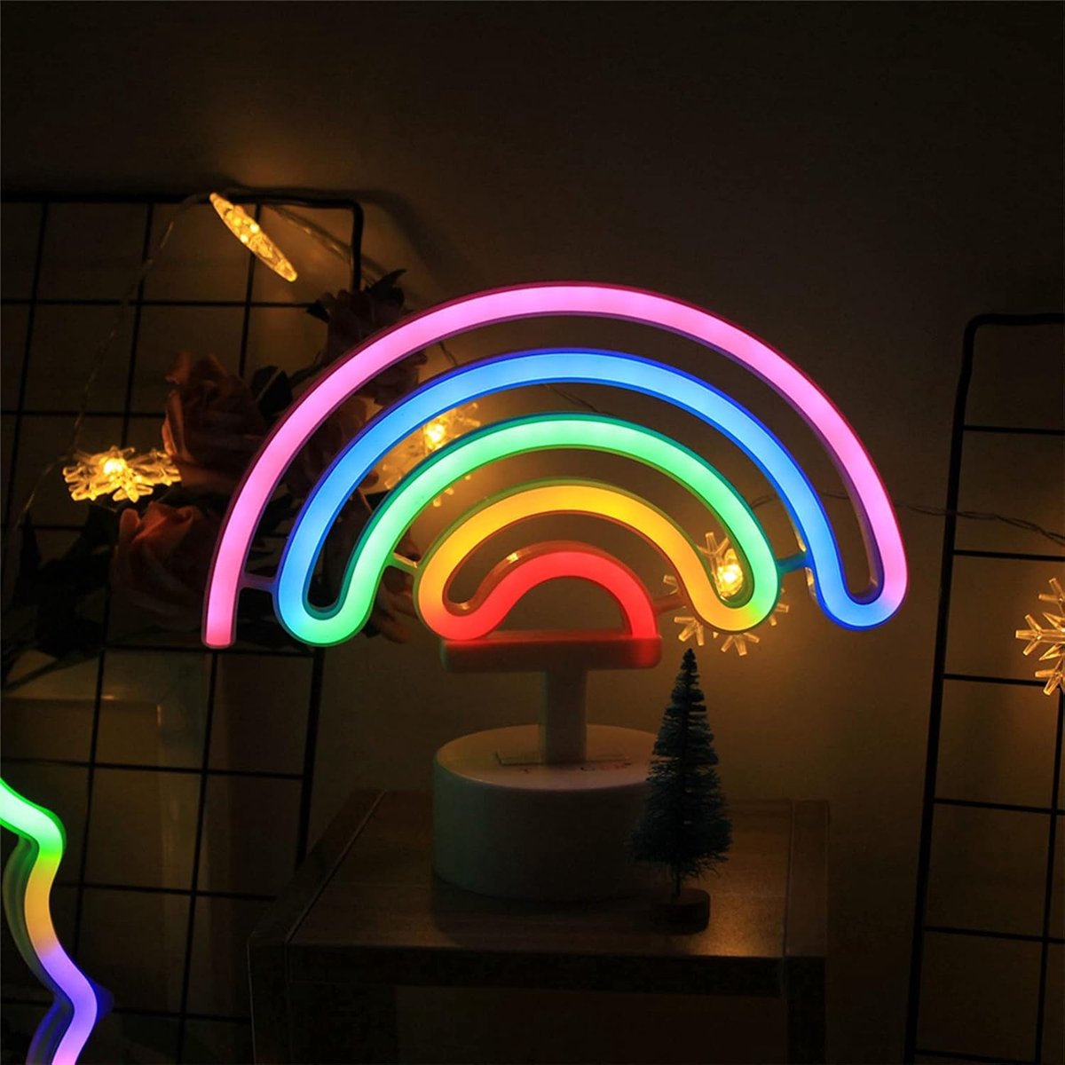 SnelShoppen - LED Neon Regenboog Licht met Basis - Kleurrijke Neon Sign voor Kids Kamer, Feestdecoratie, Batterij- en USB-aangedreven