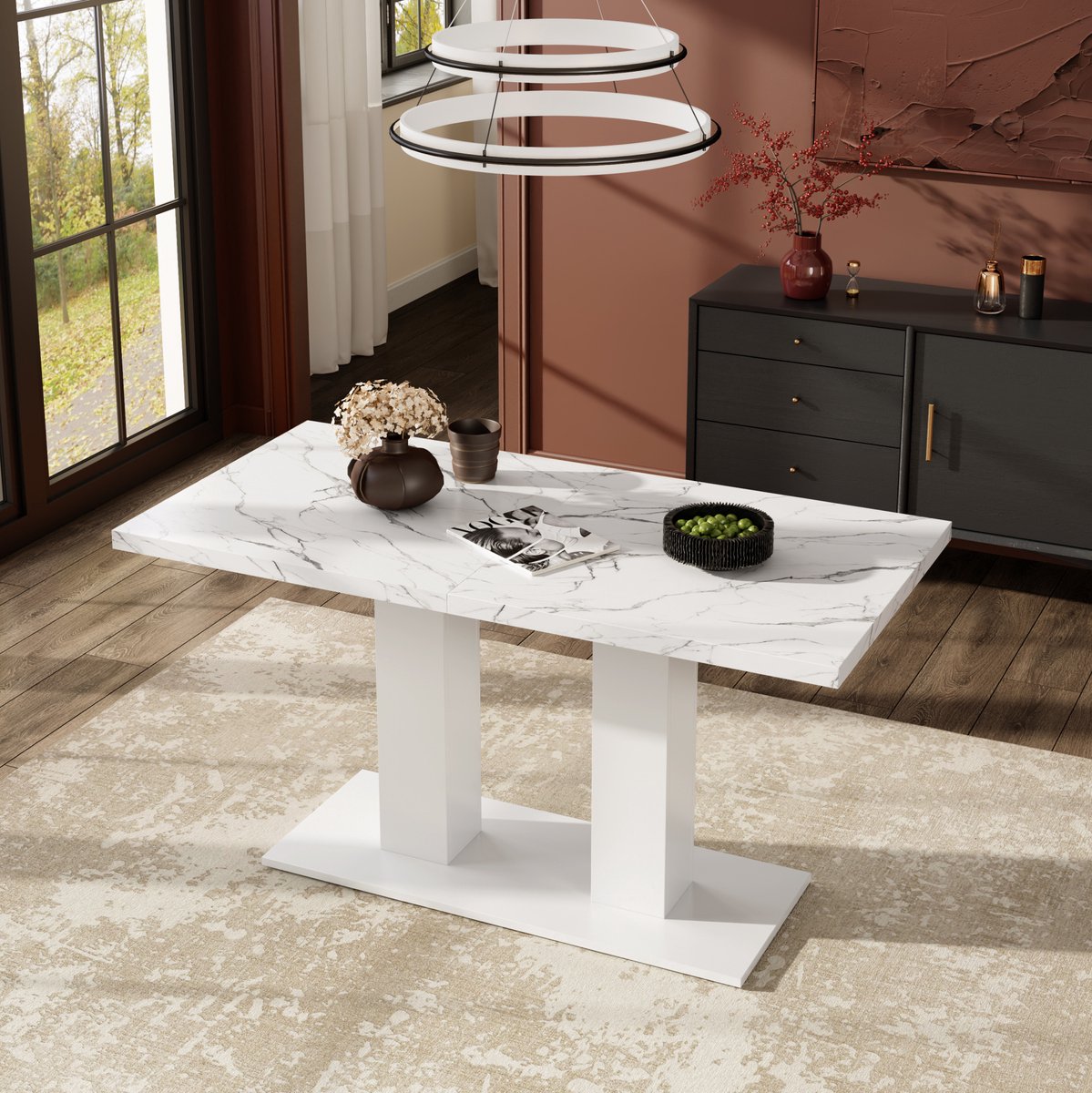 MEUNIQ uitschuifbare eettafel 140/180 x 70 cm, rechthoekig, MDF, dubbele zuilpoten, voor 6-8 personen, wit, voor eetkamer en keuken White
