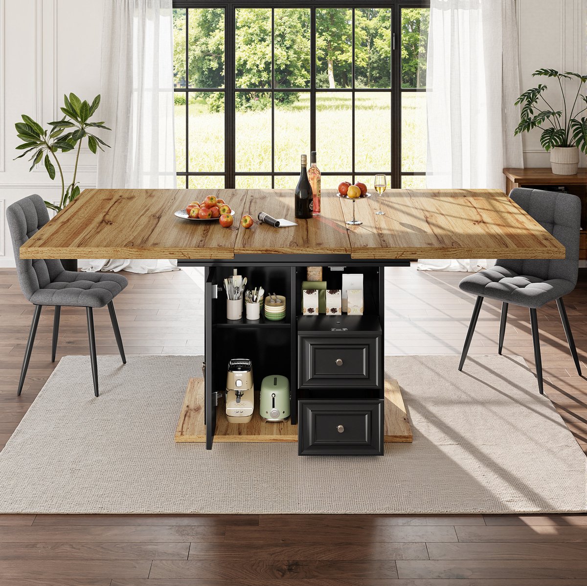 MEUNIQ Uitrekbare eettafel 140 x 80 x 75 cm met opbergruimte, 2 lades en 1 deur, rechthoekig, houtlook, keuken en eetkamer