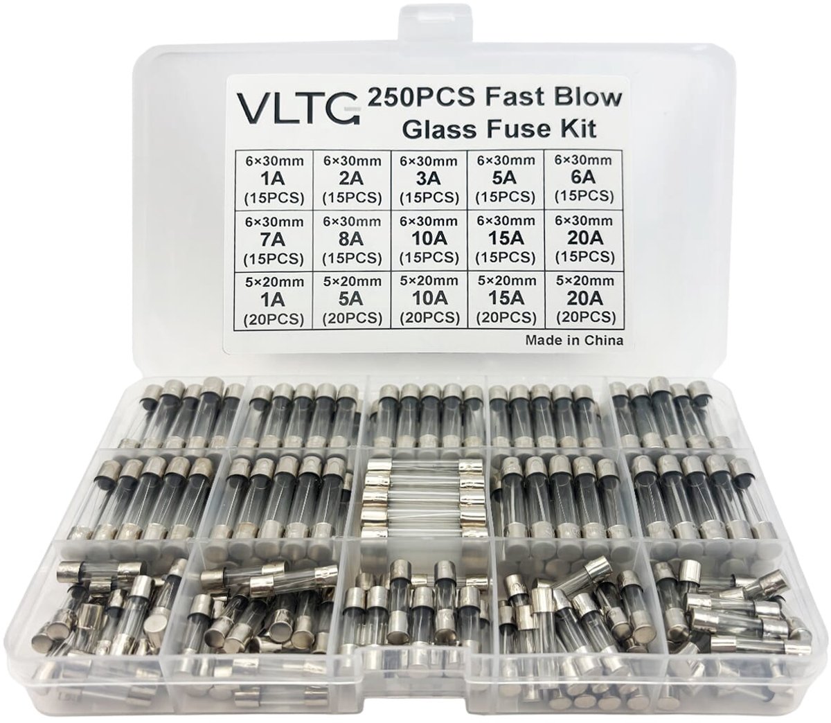 VLTG Glaszekering 5x20mm + 6x30mm - Buiszekering - Snel (F) - 1A t/m 20A - Zekeringset 250 stuks