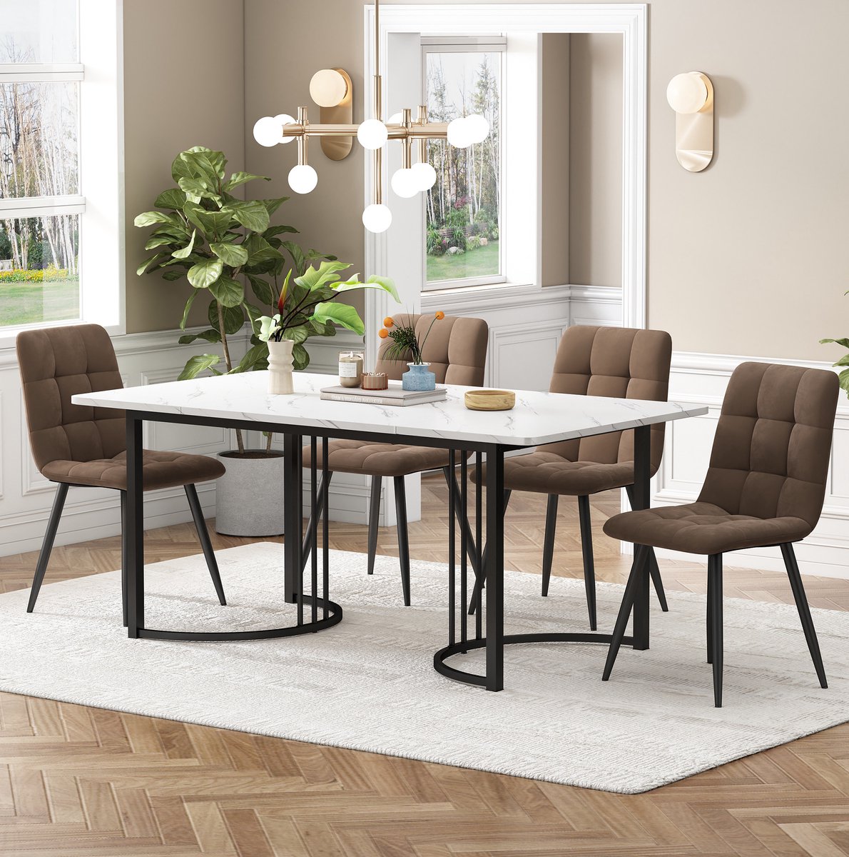 MEUNIQ Essgroep 5-delig met eettafel 140 x 80 cm en 4 fluwelen eetkamerstoelen, wit marmereffect tafelblad, zwarte metalen poten, modern voor eetkamer of keuken