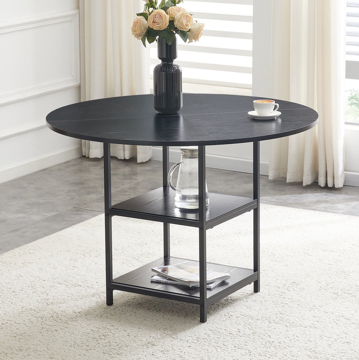 MEUNIQ ronde eettafel 107 cm met dubbele open opbergplank, zwart MDF tafelblad met houtlook en metalen frame, voor 2-4 personen in eetkamer of woonkamer