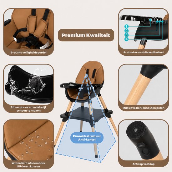 Collage met kenmerken van de kinderstoel: 5-punts veiligheidsgordel, afneembaar en schoon te maken dienblad, waterdichte kussens, massieve berkenhouten poten en antislip voetdoppen.