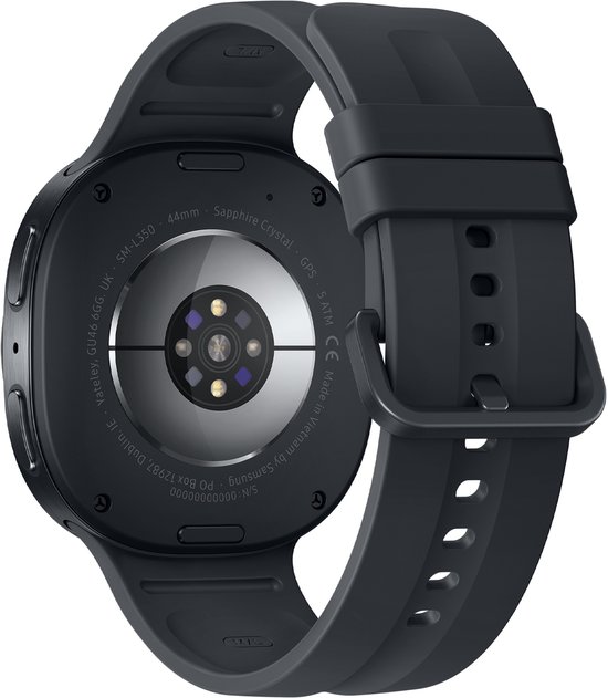 Achterkant van een zwarte Samsung Galaxy Watch9 smartwatch met een digitale band.