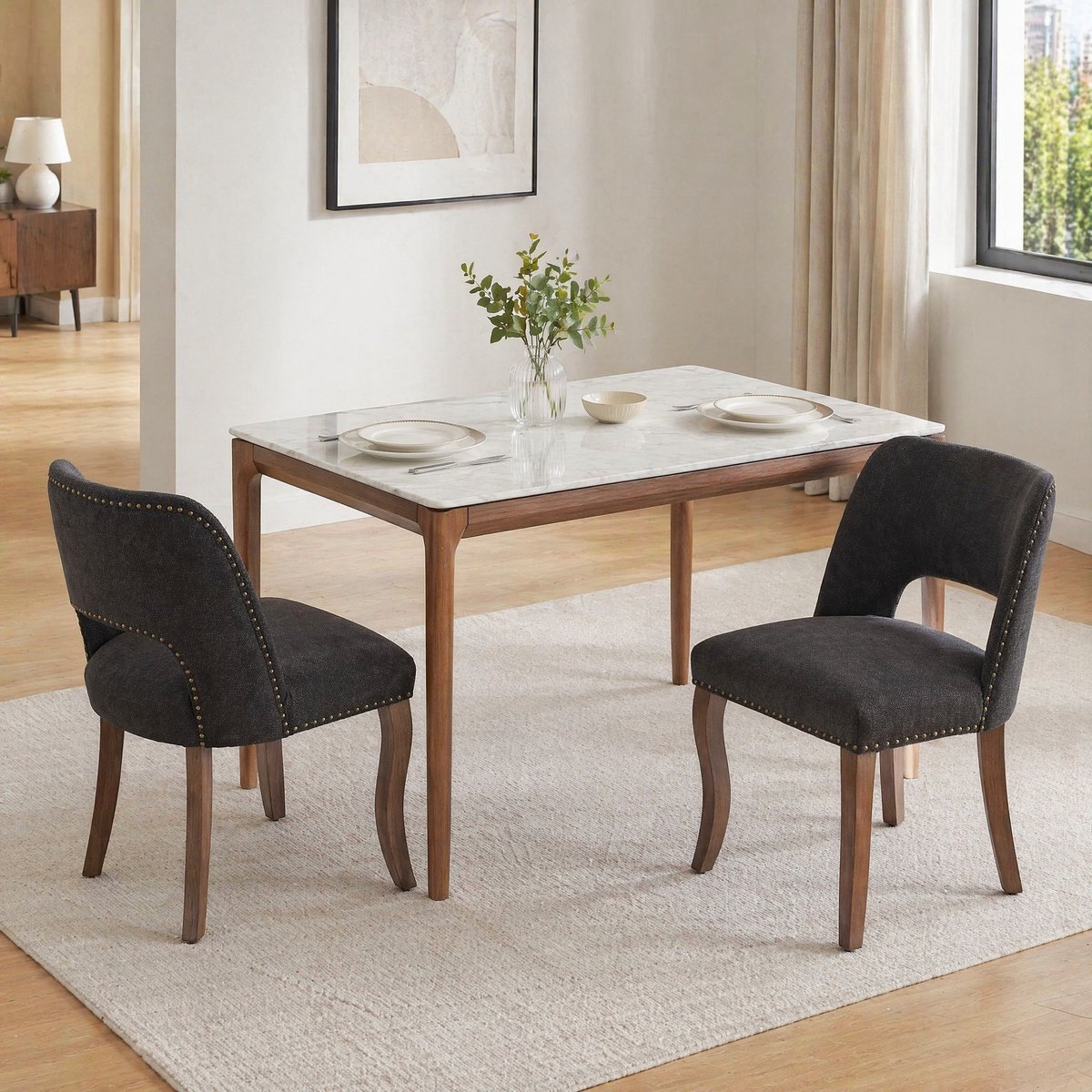 MEUNIQ set van 2 eetkamerstoelen zwart, gestoffeerde dining chairs met opengewerkte rugleuning, houten poten en klassieke uitstraling voor eetkamer of keuken Black