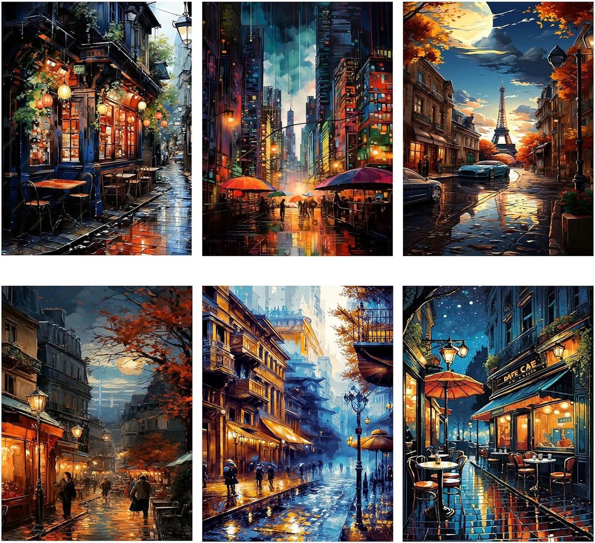 Schilderen op nummer 6 stuks stadslandschap - 30 x 40 cm - acrylverf - ShopVlot
