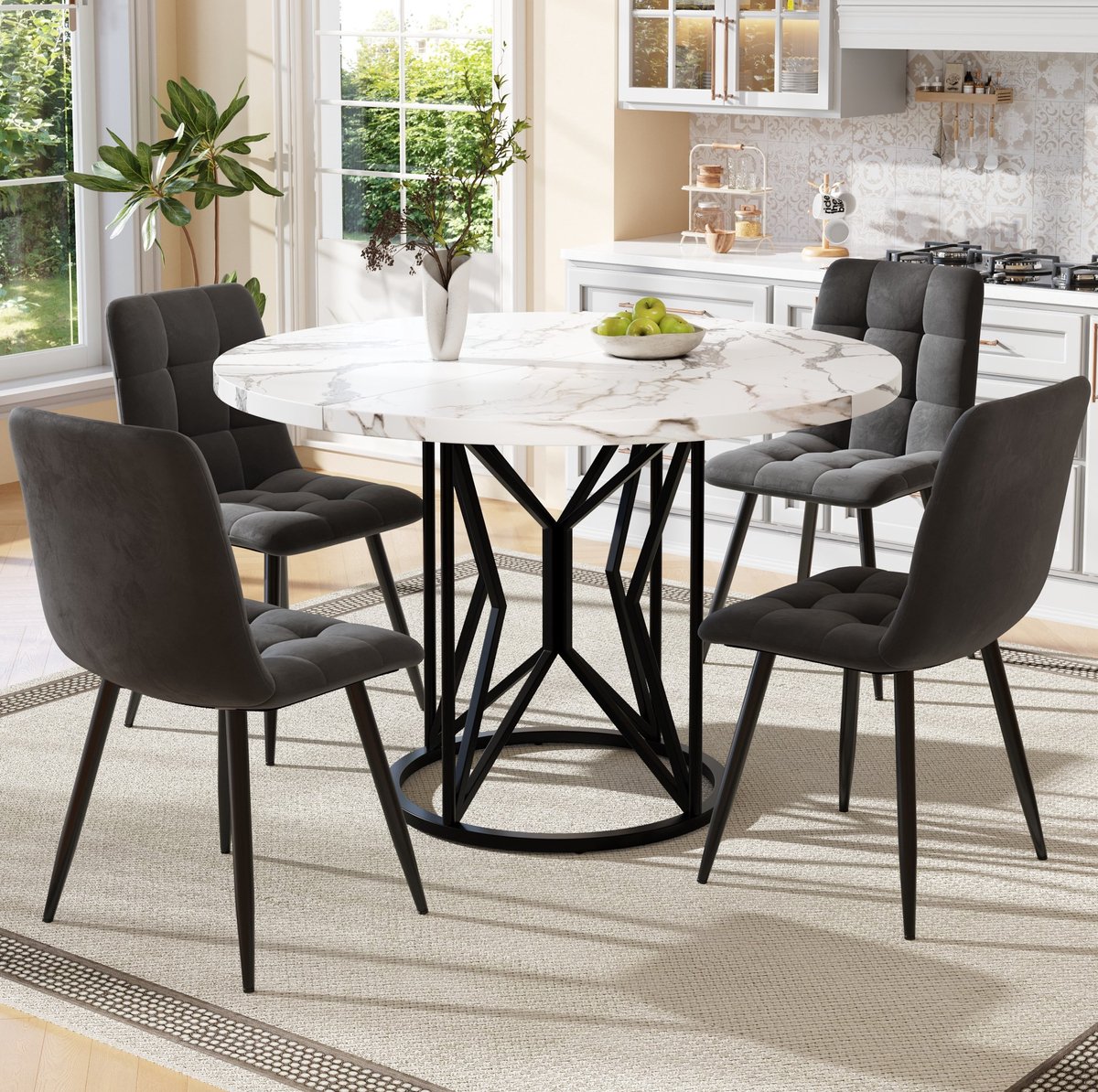 MEUNIQ Ronde eettafelset 5-delig met 4 stoelen, 100 cm tafelblad in marmerlook, metalen onderstel, modern voor keuken en eetkamer, zwart, wit en grijs