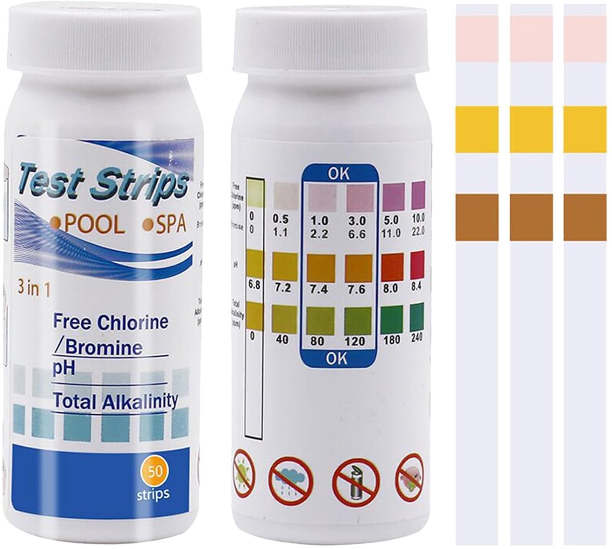 3-in-1 zwembadteststrips - Hot Tub-teststrips - 100 stuks - Helderwaterteststrips - pH-teststripset - Teststrips - Detectie van pH, totaal chloor en totale alkaliteit - snel en eenvoudig te gebruiken - geschikt voor zwembaden, spa's