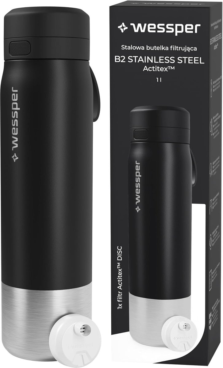 SnelShoppen - Waterfilterfles Roestvrijstalen Thermosfles 1L met Actitex Disc Filter, Koolstoffilters, Chloor Vermindering, Filtervervangingsindicator