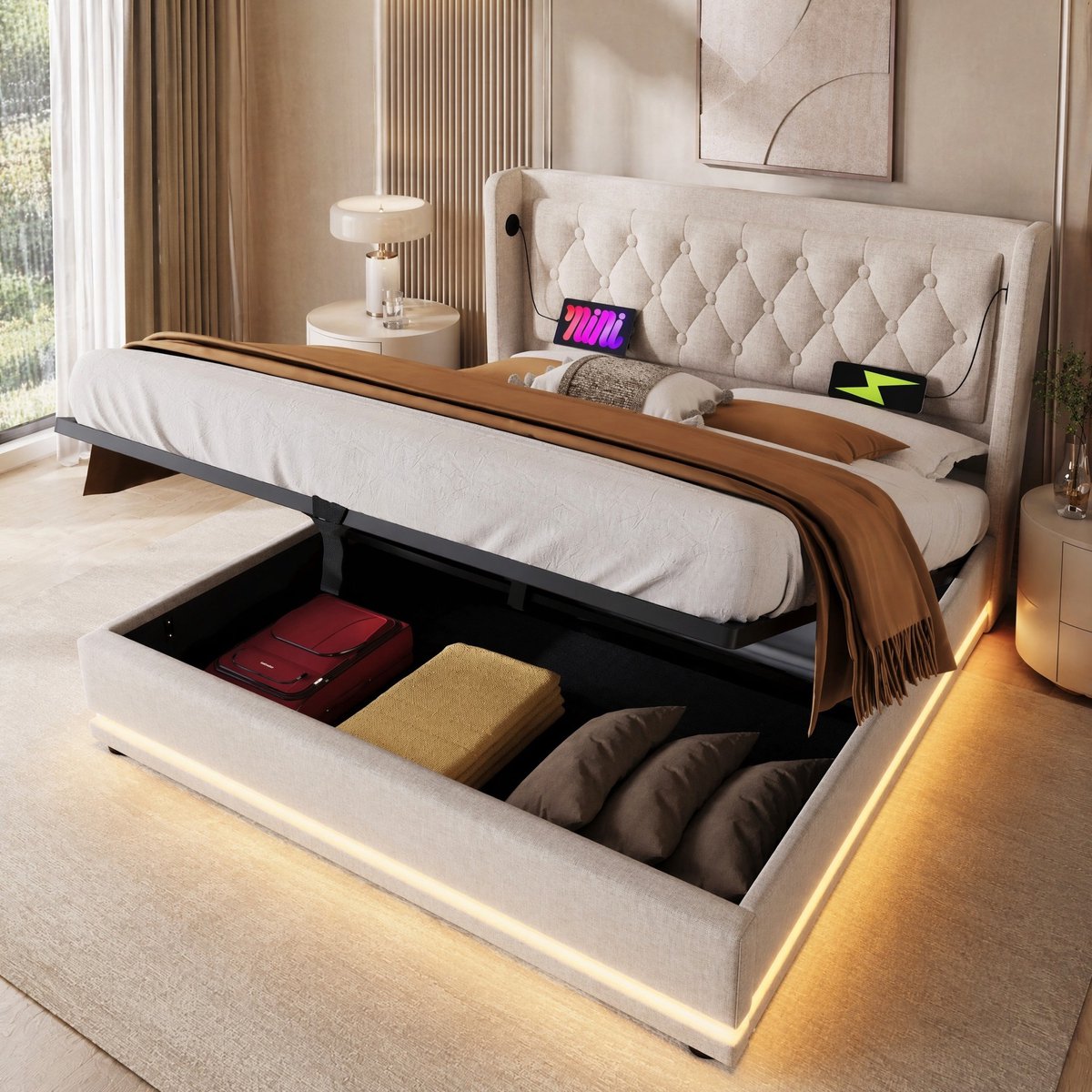 COVREO Bedframe 160x200 cm 170 cm beige stof, met opbergruimte, zonder matras