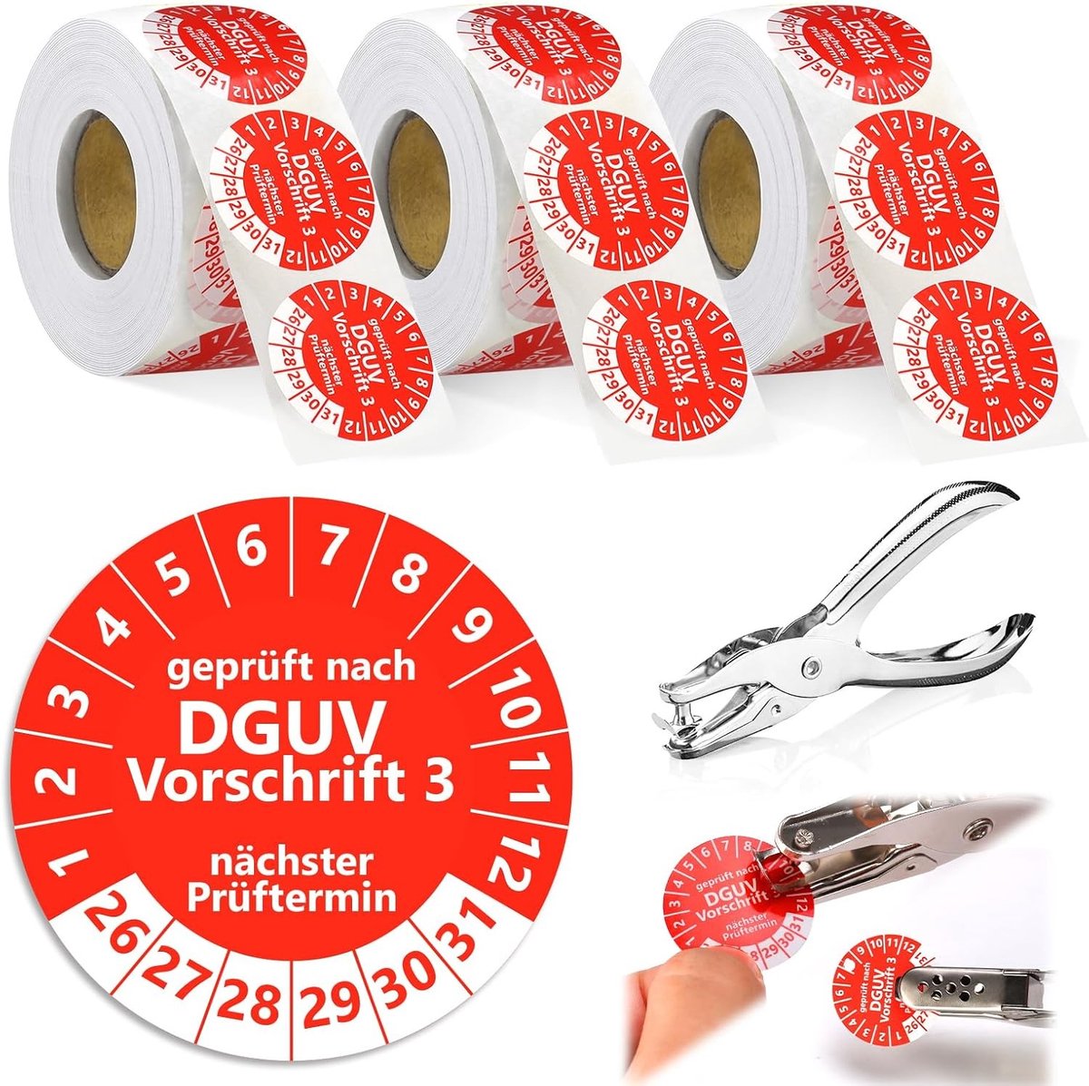 Teststickers 30 mm voor DGUV voorschrift 3 - 1650 stuks zelfklevend papier en vinylfolie met volgende testdatum voor elektrische apparaten en kabels (rood)
