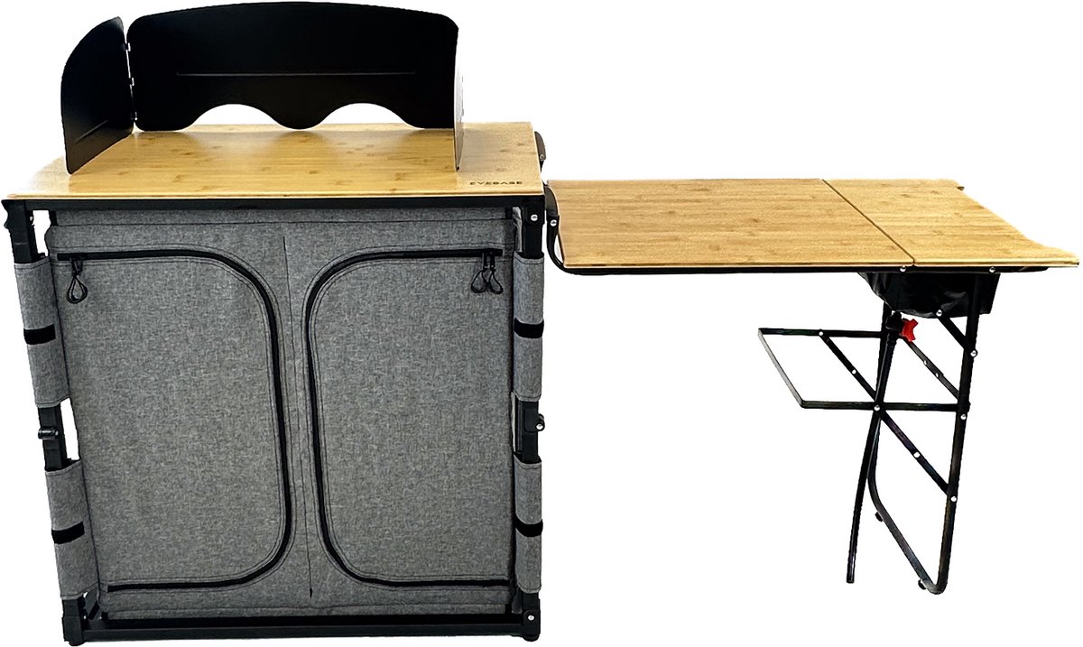 EveBase Flex Deluxe - Campingkeuken - Inklapbare Campingkast met Windscherm/Wasbak/Zijblad - Bamboe - Grijs/Zwart