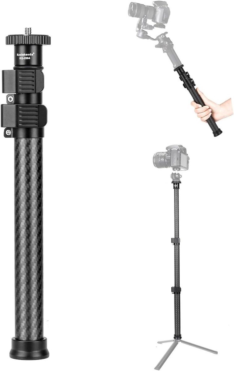 Carbon Fiber Tripod Extensie Stang 28-64cm - Verlengstang voor Camera's, Statief en Gimbal met 1/4" naar 3/8" Schroefdraad