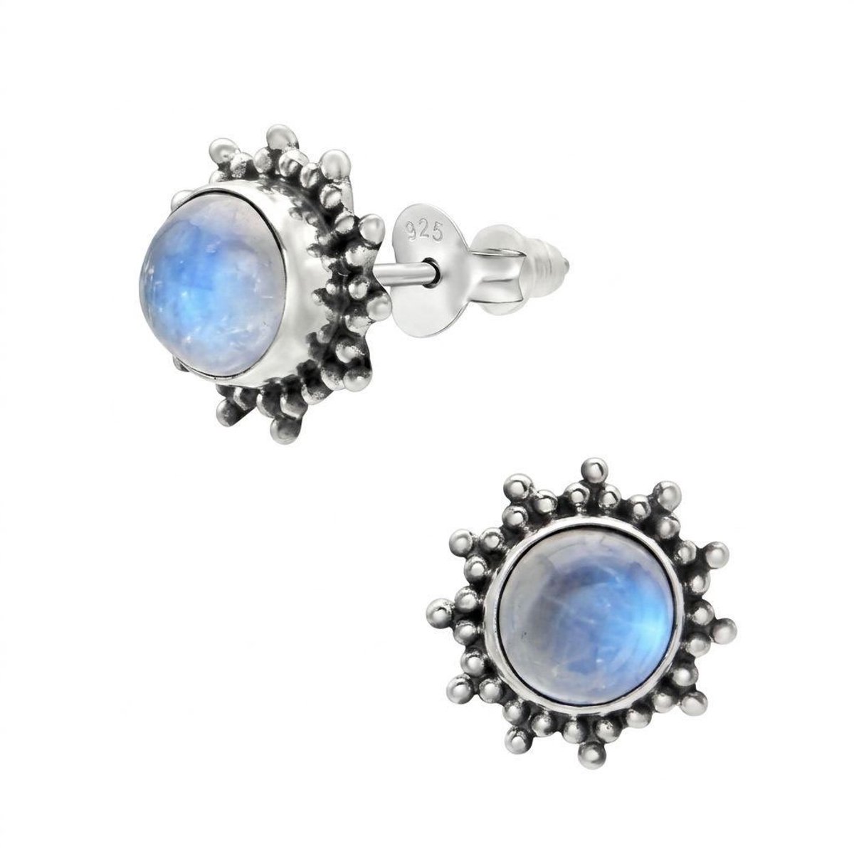 Zilveren Oorstekers Maansteen 925 – Ronde Oorbellen Dames 8.5 mm – Maansteen Studs met Bolletjesrand