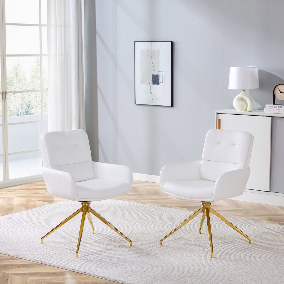 MEUNIQ draaibare eetkamerstoel set van 2, kuipstoel met armleuningen, gecapitonneerde rugleuning, 85 cm, wit en goud voor eetkamer of zitgedeelte White