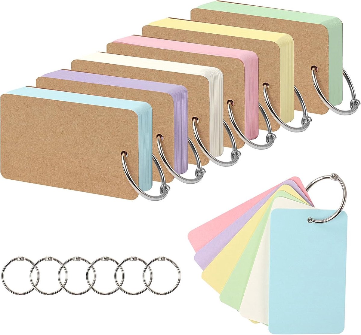 300 Stuks Lege Flashcards met Ringen 9x5.4cm, Kleurrijke Kraft Papier Kaarten voor Leren, Herhaling en Organisatie