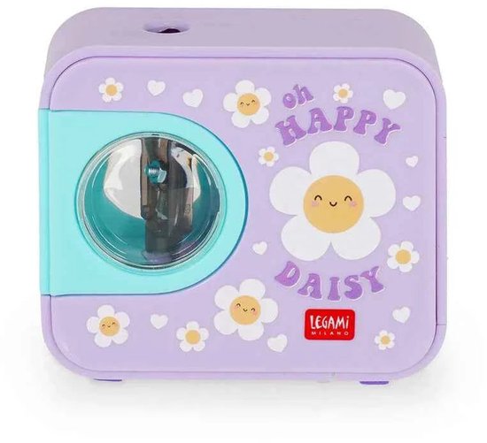 Taille-crayon électrique violet avec bordure bleu aqua, imprimé de fleurs, de marguerites souriantes et le texte 'oh happy daisy' en violet.