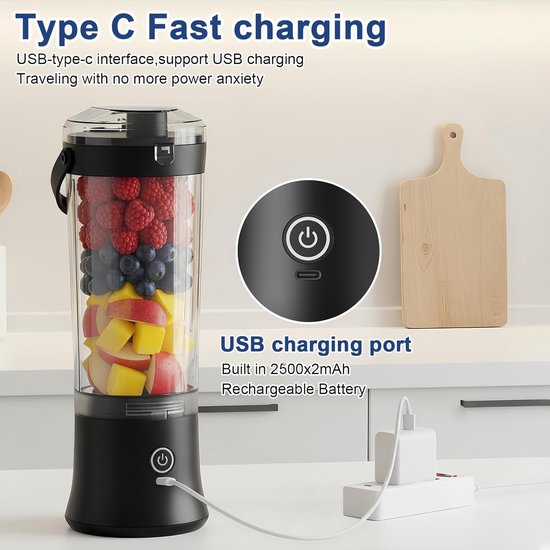 Persoonlijke draagbare blender voor shakes en smoothies, 500ml Krachtige Draadloze Mini Blender Juicer, USB Oplaadbaar met 6 Ultra-scherpe messen voor reizen, kantoor en sport (zwart) — afbeelding 4