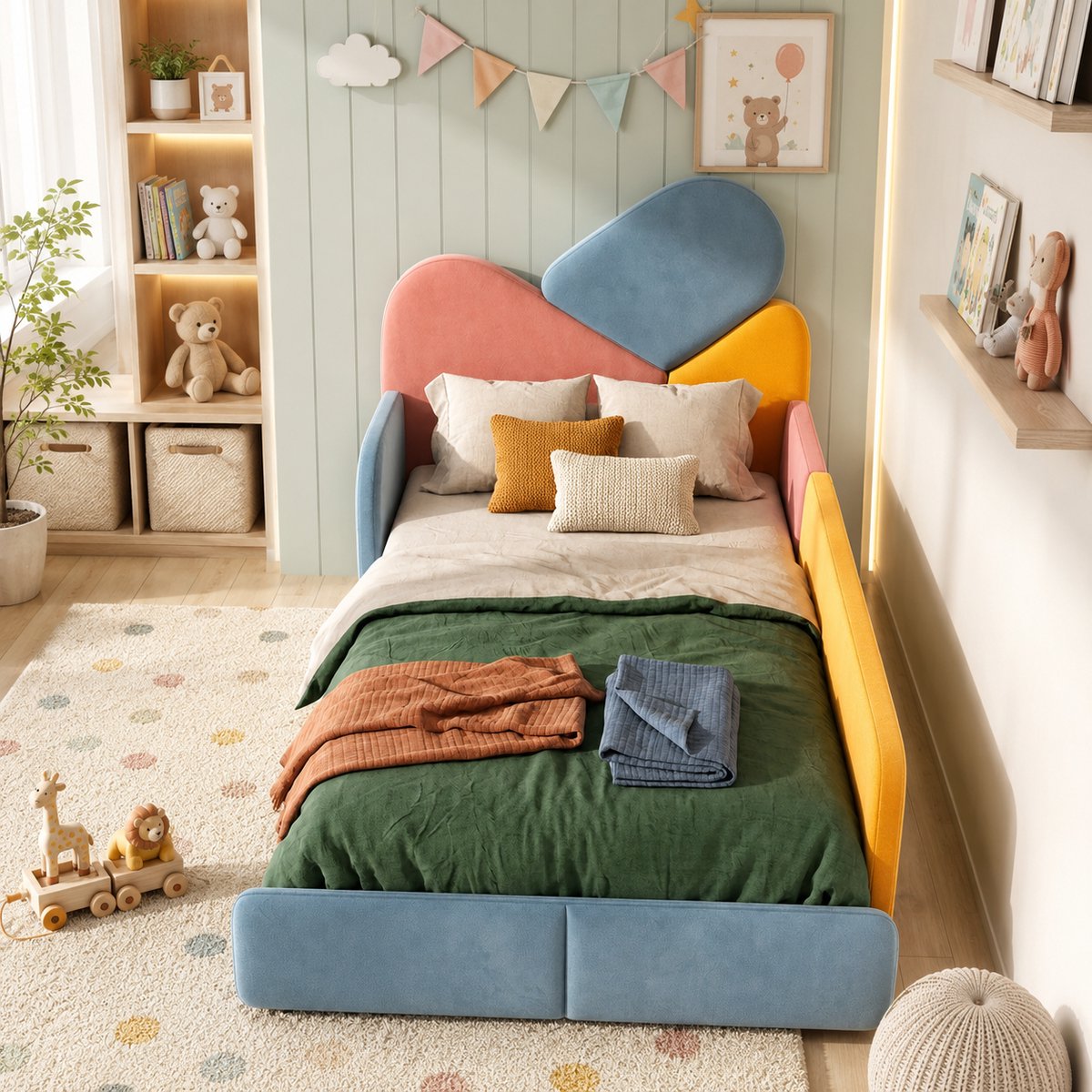 Kinderbed 90x200 cm - Eenpersoonsbed - Gestoffeerd bed - Met hoofdeinde - Met verhoogde zijbescherming - Met lattenbodem - Patchworkontwerp - Veilig en comfortabel - Multicolor