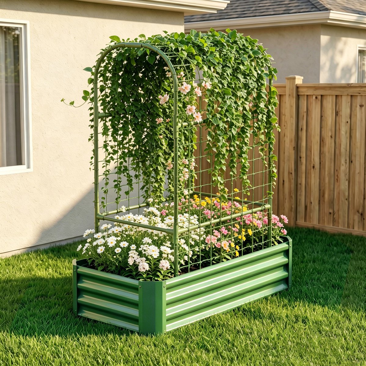 Moestuinbak Met Klimrek Ruim 120 x 60 x 30 cm Metaal Groen Met Open Bodem Voor Groenten Kruiden En Bloemen In Tuin En Terras