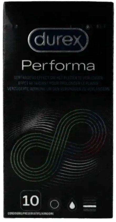 Verpakking van 10 Durex Performa condooms met vertragende gel voor langer plezier.