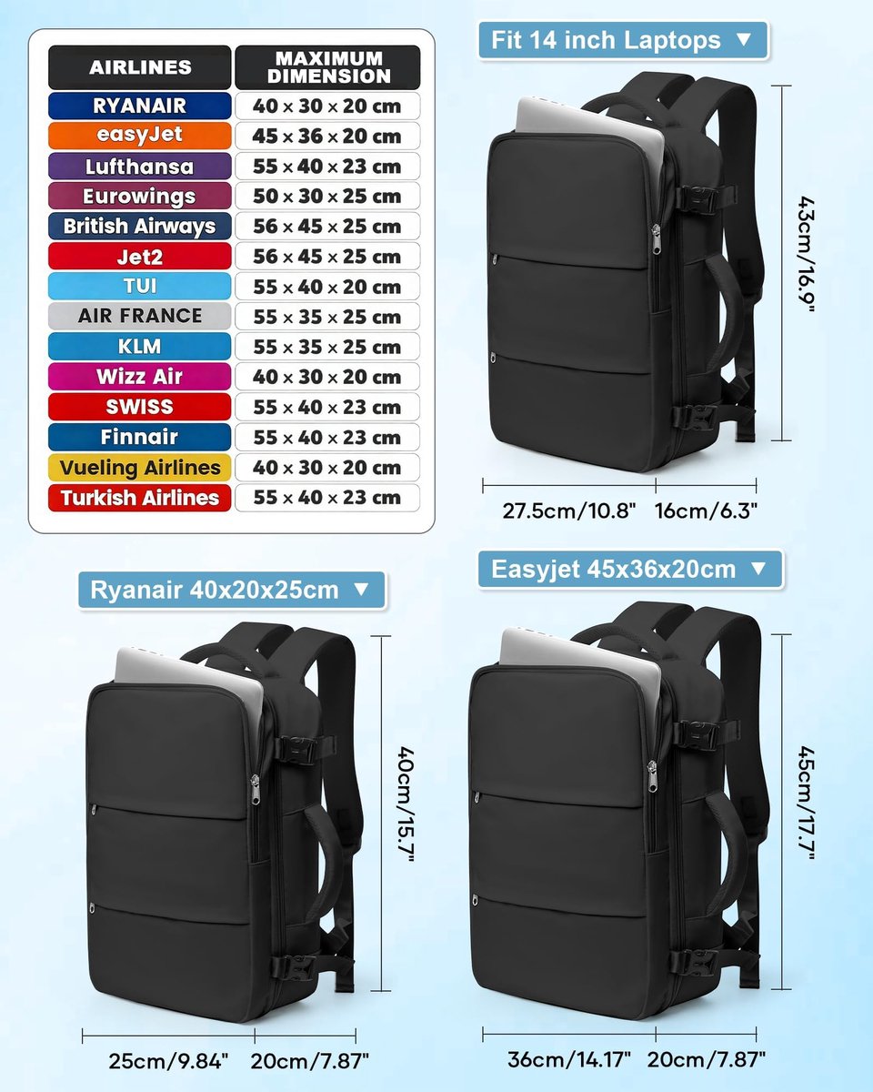 SnelShoppen - SZLX Cabine Tassen 40x20x25 Onderzit voor Ryanair, Easyjet Handbagage 45x36x20, Reizen Rugzak, Casual Daypack, Schooltas, Geschikt voor