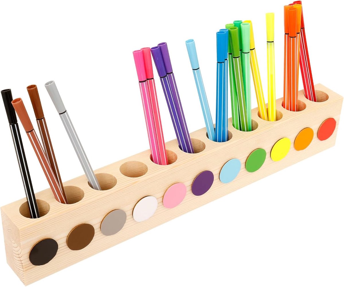 SnelShoppen - Montessori Kleurpotlodenhouder van Hout, Pennenhouder Bureau met 11 Gaten, Afgerond Hoekdesign, Decoratieve Organiser voor School en Kan