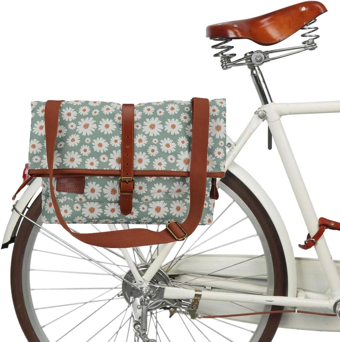 Fietstas Vrouwen - Shopper Handtas - Dagelijks Gebruik - Waterdicht Zeildoek - 36x12x41.5cm - Groen Bloemen