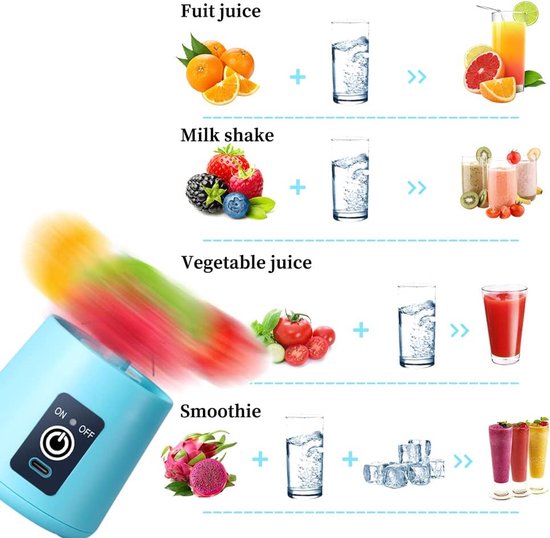 Draagbare Blender - Mini Mixer - Gezonde Drankjes Maken - 6 RVS Messen - 380 ml Capaciteit - Blauw — afbeelding 4