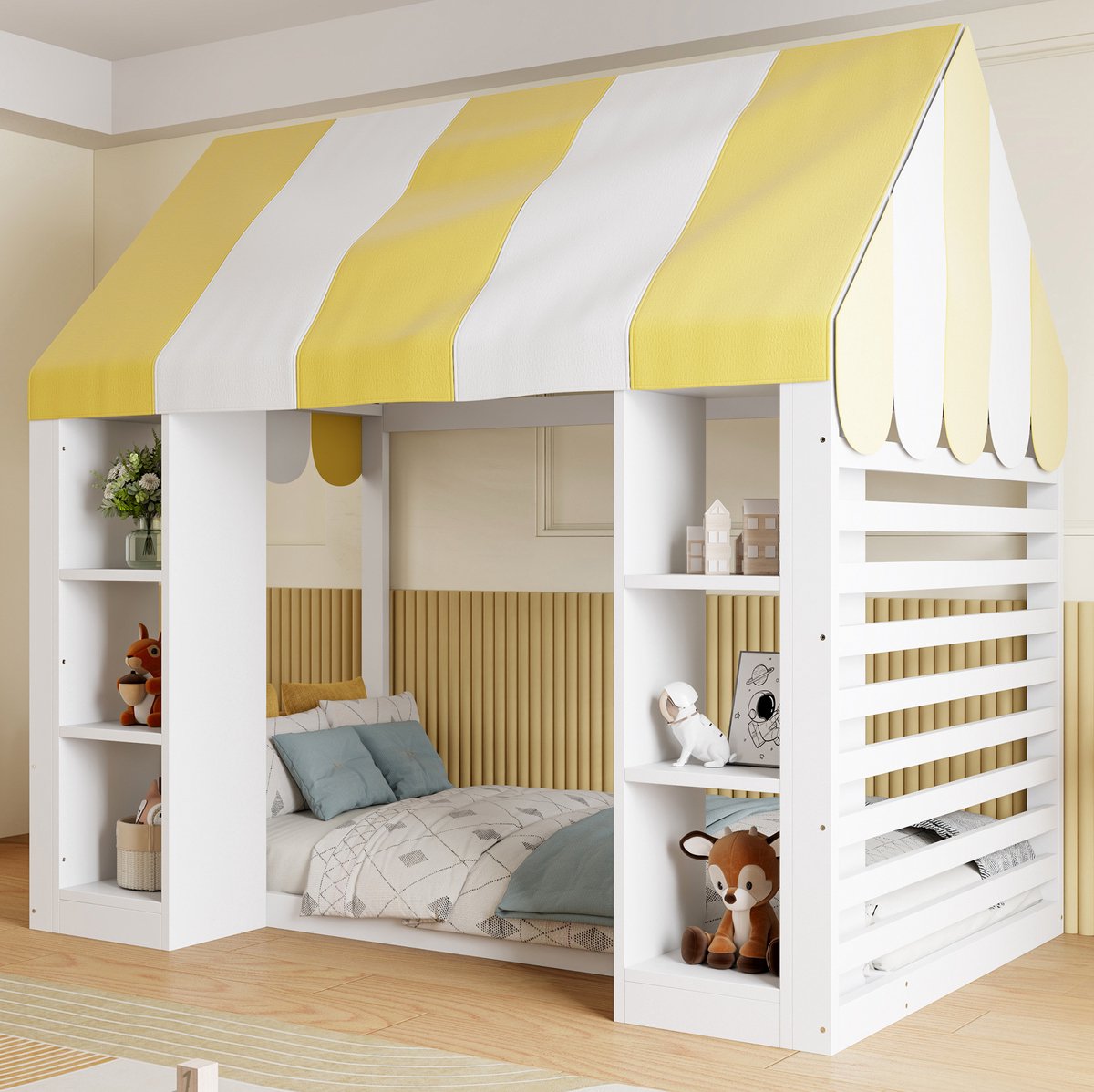 STILVORA Hoogslaper 90 x 200 cm Zonder matras – Kinderbed met hemel – Open opbergruimte voor boeken en speelgoed – Voor kinderkamer – Hout MDF – Wit
