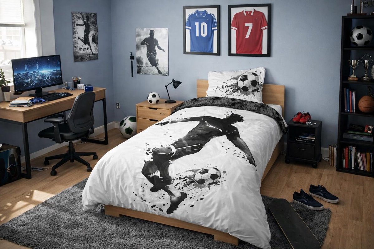 SnelShoppen - Beddengoedset Voetbal 140 x 200 + 70 x 90 cm, Sportbal Katoen met Ritssluiting, Perfect voor Kinderen, Jongens, Sportliefhebbers