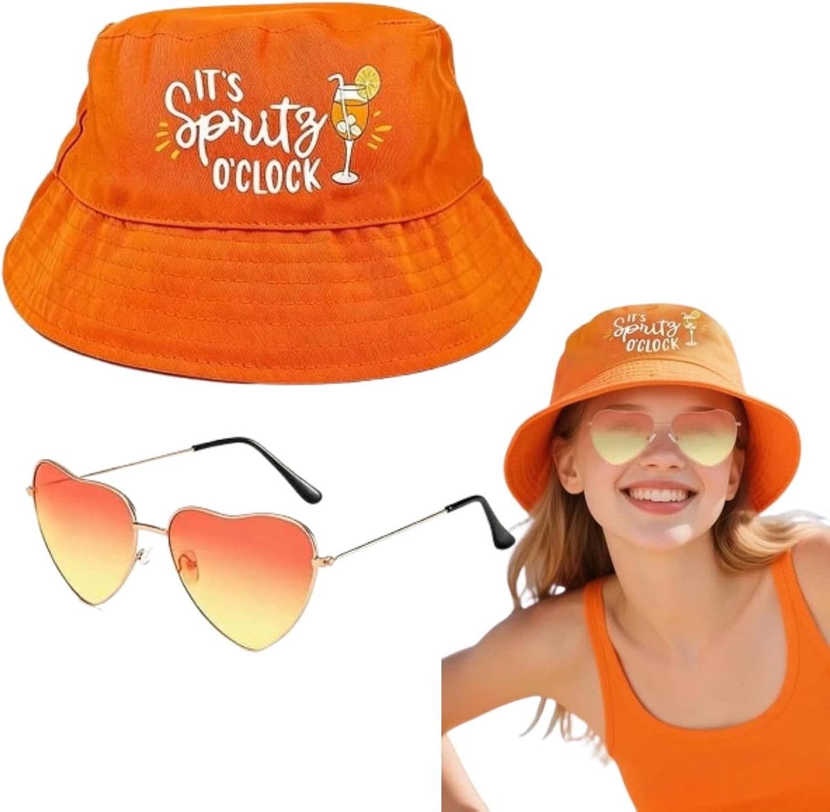Oranje vissershoed met retro hartvormige bril voor dames, perfect voor carnaval en feestjes, unieke feestaccessoires