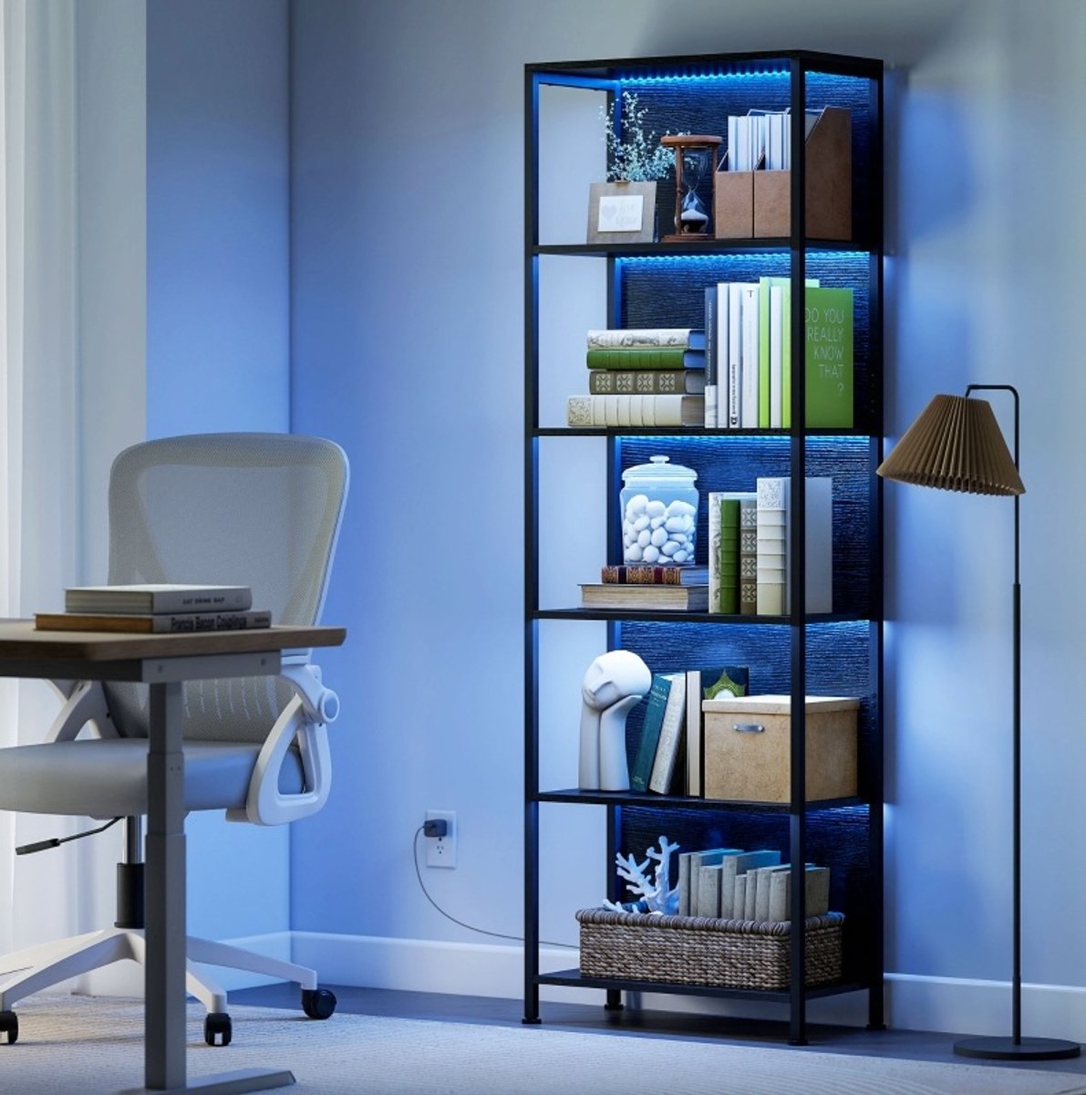Boekenkast 5 Lagen LED Verlichting 60 x 30 x 179 cm Zwart Industrieel Open Opbergkast Voor Woonkamer En Bureau