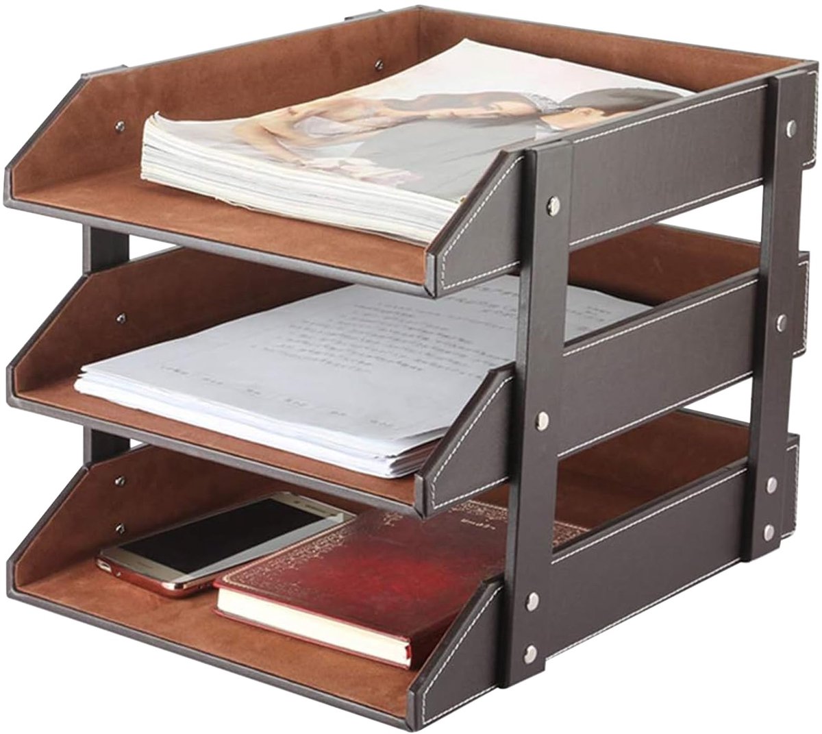SnelShoppen - Lederen Brievenbak - Stapelbare Bureaulade Organizer - Kantoorbenodigdheden Houder voor Documenten, Briefpapier, Tijdschriften, Kranten