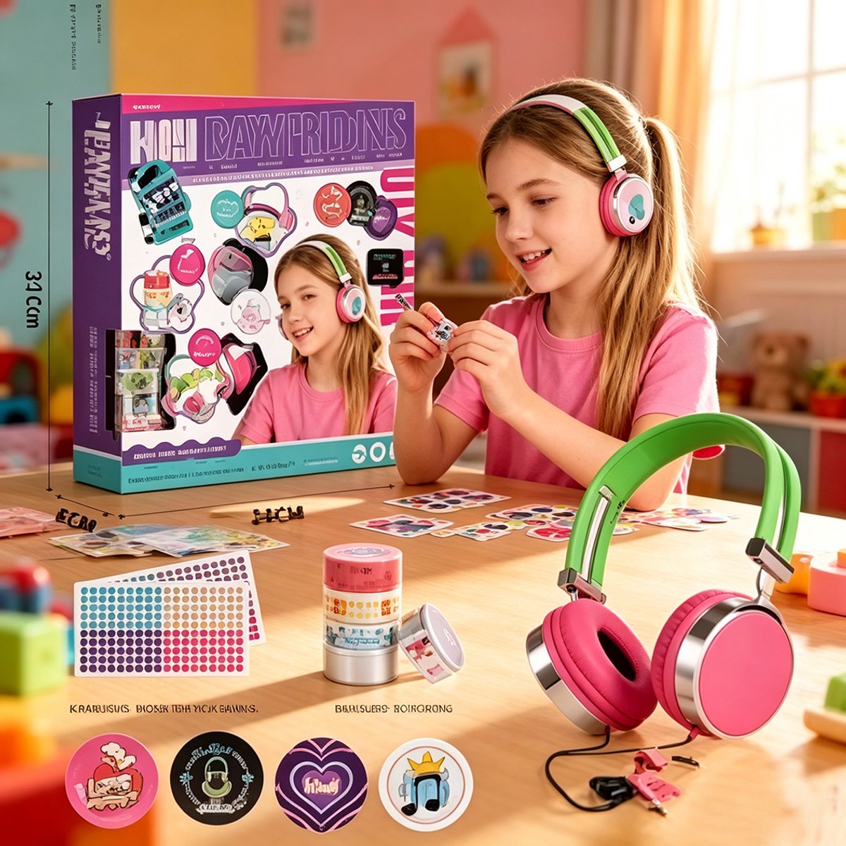 DIY Bedrade Koptelefoon Knutselpakket voor Meisjes en Kinderen Zelf Versierbaar Creatief Set met Bling Stickers Diamantjes & Washi Tape Roze/Groen Cadeau voor Kinderen Vanaf 6 Jaar