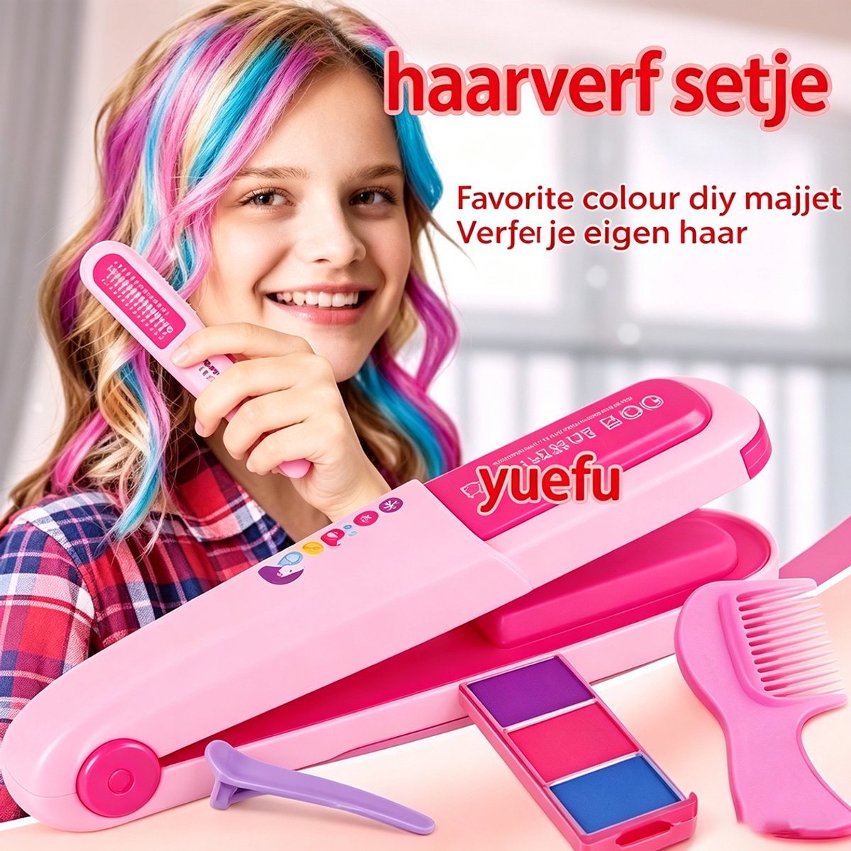 Learnlogic URA-56 Deluxe Uitwasbare Haarkrijtkam Set Tijdelijke Haarkleurpennen Make-up Kit voor Kinderen & Meisjes 4 tot 13 Jaar Leuk Speelgoed en Cadeau voor Pasen Verjaardag en Cosplay – Kleuren Blauw Geel Paars Rood Groen Roze