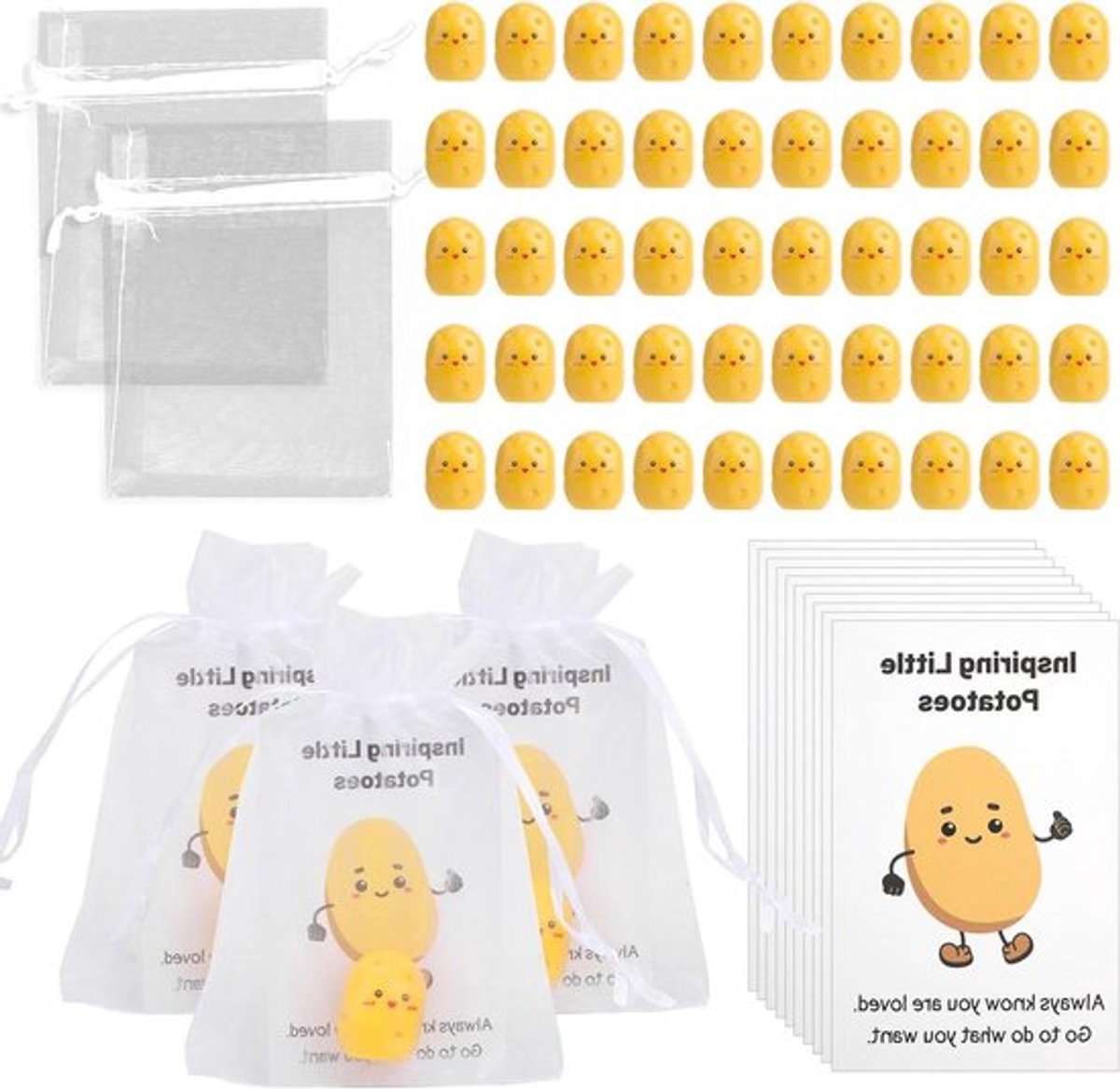 Inspirerende Aardappel - Harsaardappel - Schattig en Grappig - Organzazakje - Werknemer Collega Personeel - Terug Naar School Cadeau met Kaart 50 stuks Positieve Mini-Aardappelen