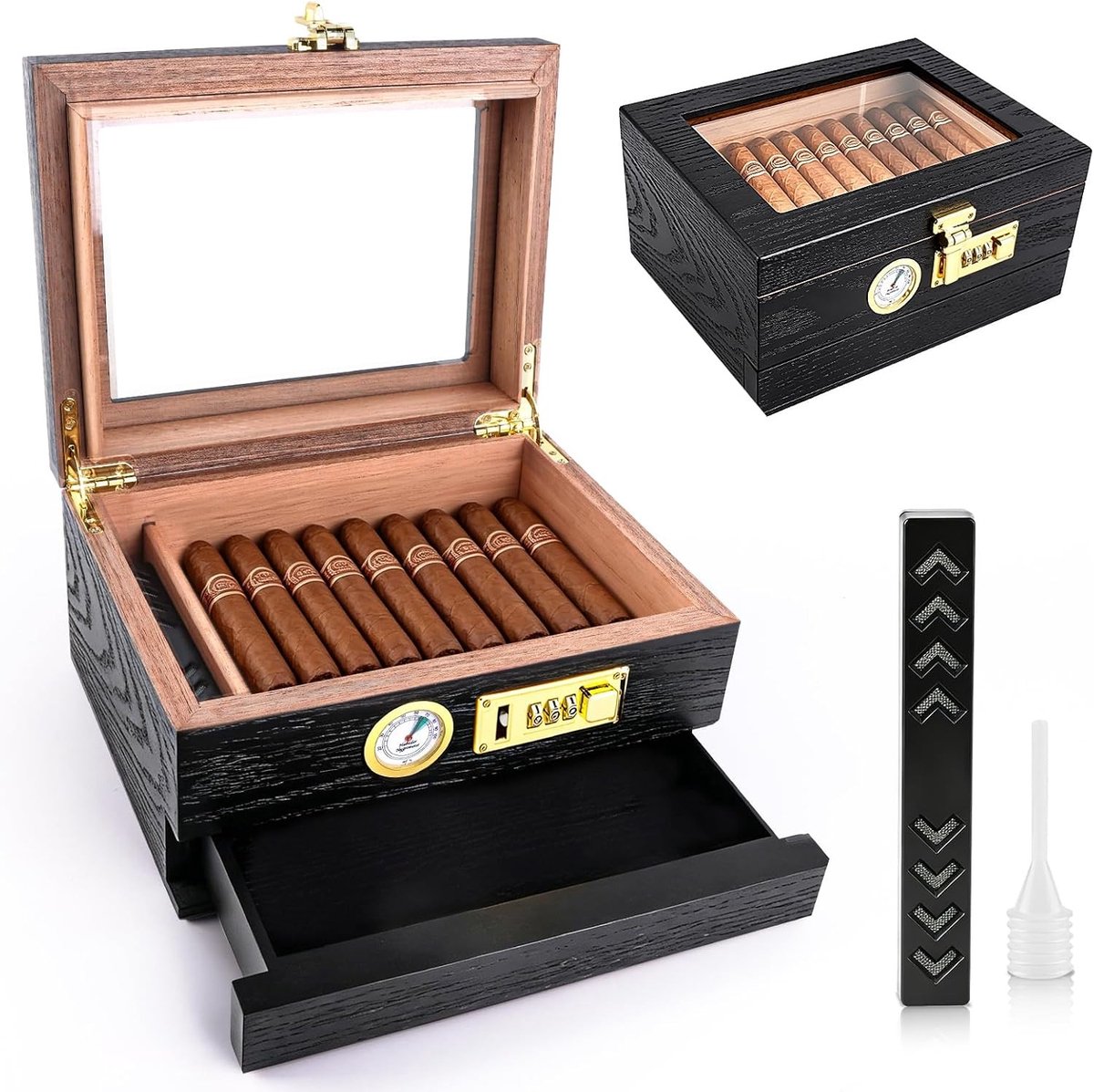 Sigarenhumidor met digitaal slot en hygrometer - cederhout, luchtbevochtiger, capaciteit 45 sigaren - ideaal cadeau voor heren op Vaderdag