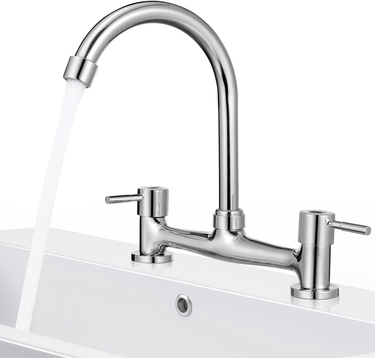 Keukenmengkraan met twee gaten voor spoelbak, aparte bediening voor warm en koud water, 360° draaibaar, ideaal voor thuis en commercieel gebruik