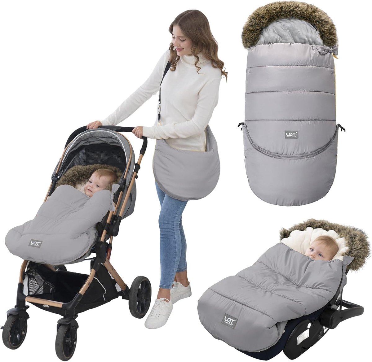 SnelShoppen - Pram voetenzakken met bontkraag, grijs, warme kinderwagen voetmuffen voor baby’s, ideaal voor winterse buitenactiviteiten, comfortabel e