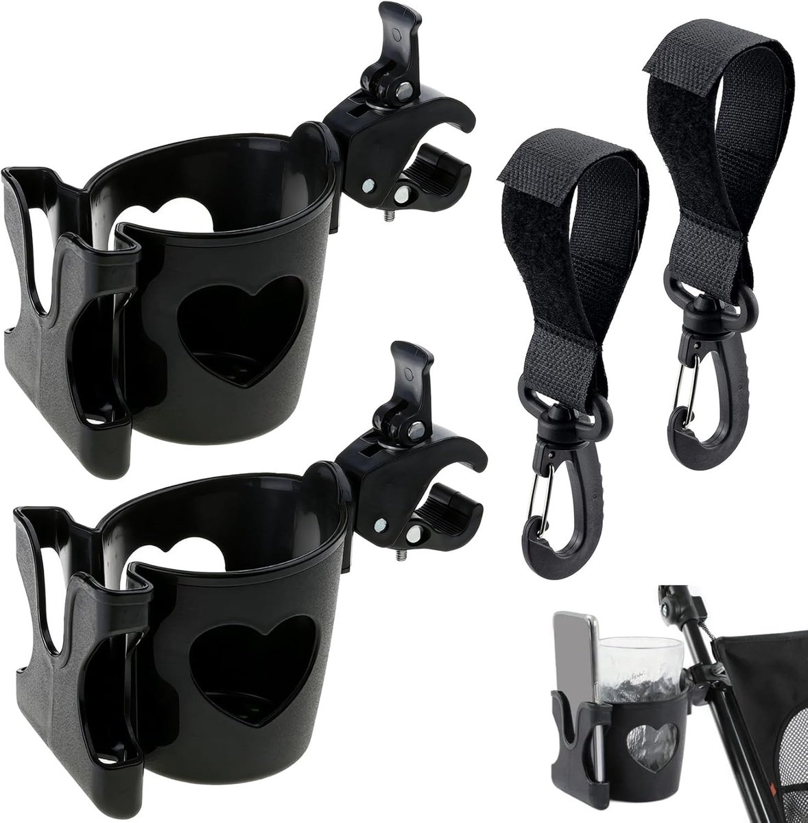 Thijox - 2-in-1 drinkhouder voor kinderwagen en telefoonhouder, universele buggy-accessoire, fietsbekerhouder met 2 haken, koffiehouder voor buggy, ro