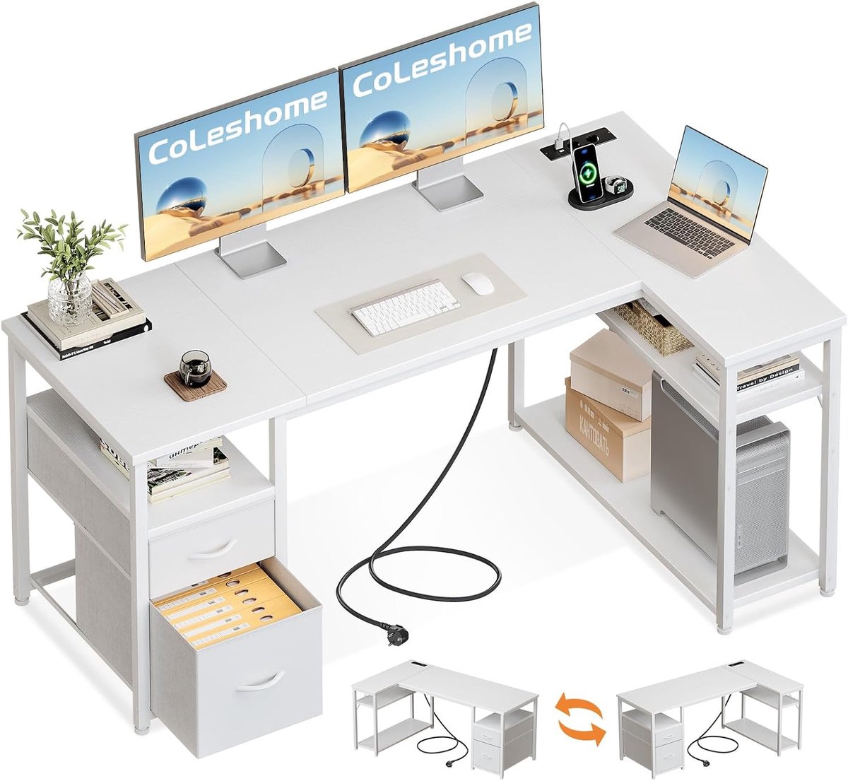 Thijox - Coleshome Hoekbureau met Laden, L-vormig Bureau met Omkeerbare Plank, Stopcontacten en USB-poorten voor Thuiswerken, Kantoor en Gamen (Wit, 1