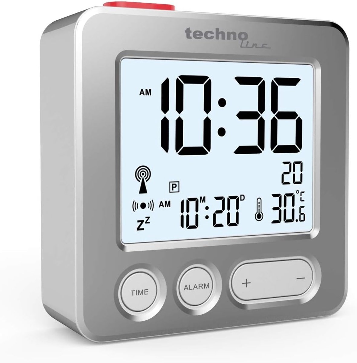 SnelShoppen - Moderne Funkwecker met Gebürstete Echtmetall-Front, Zilveren Design, 12/24 Uur Tijdformaat, Compacte Afmetingen 66x21x66mm, Perfect voor