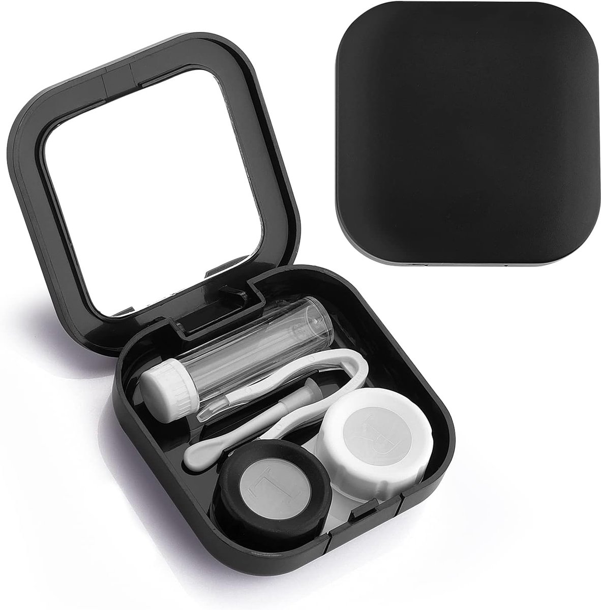 Thijox - Contactlenzen etui met spiegel - Draagbare mini L en R lens opbergdoos voor reizen - Zwart PVC - Ideaal voor vakantie en kort gebruik