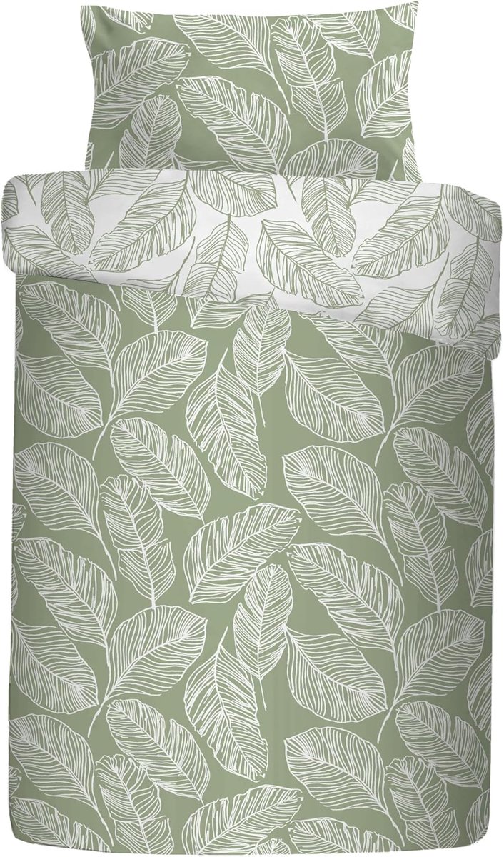 SnelShoppen - Single Dekbedovertrek 140 x 200 cm - Reversible Design - Groen Blad Motief - Sage Groen Katoenmix - Perfect voor Slaapkamer en Zen Tuin
