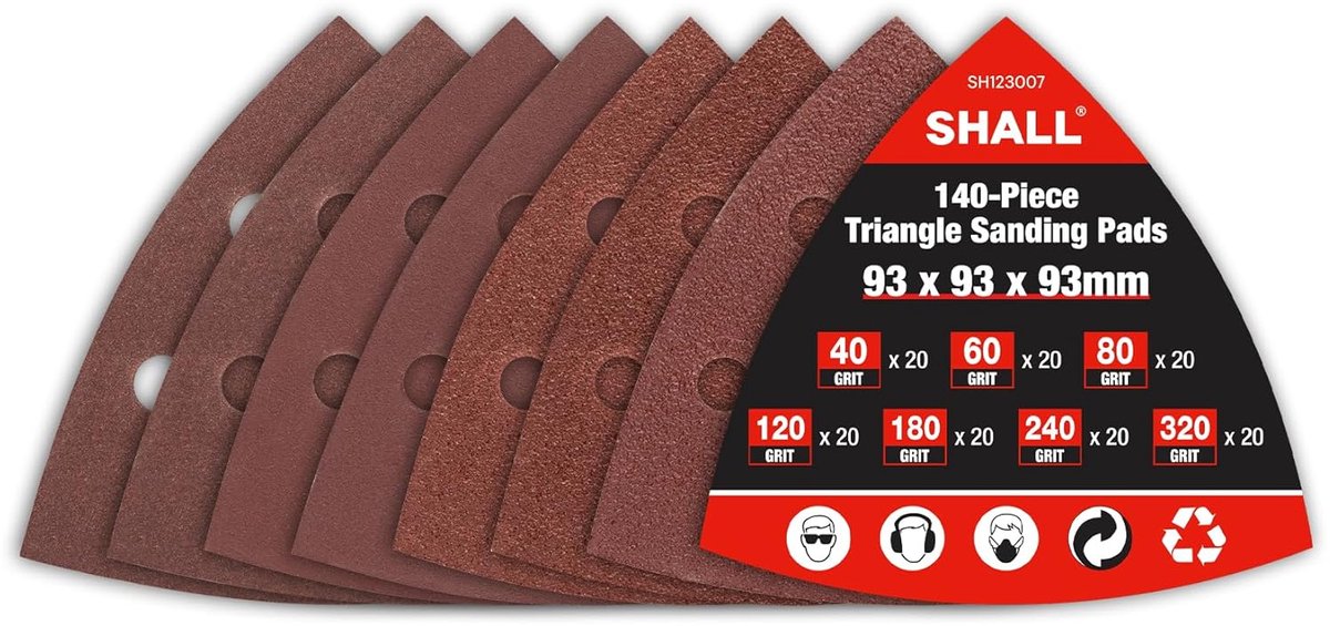 Thijox - 140-delige set driehoekige schuurblokken met klittenband, 93 x 93 x 93 mm, 6 gaten, schuurpapier 40/60/80/120/180/240/320 korrels voor houtbe